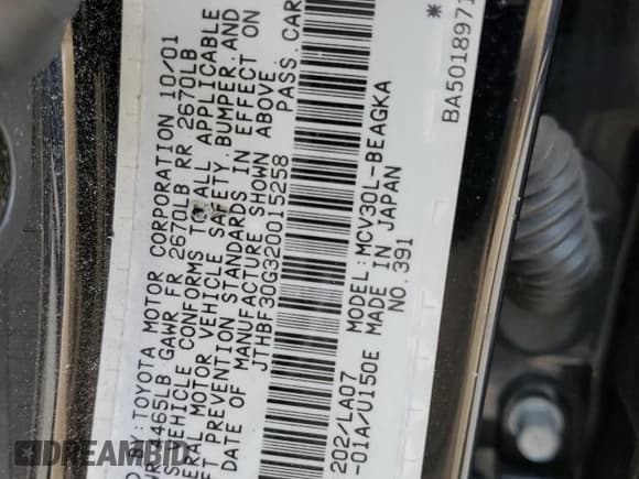 ✅ 2002 Lexus ES 300 • VIN: JTHBF30G320015258 • Лот: 95493175. Опубликован ранее на Copart с пробегом 110 938 миль. Бесплатный доступ к архиву аукционных продаж из США и подробный отчёт об истории автомобиля на DreamBid. Изображение 12.