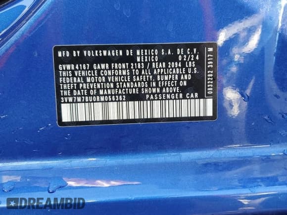 ✅ 2024 Volkswagen Jetta SE • VIN: 3VW7M7BU0RM056362 • Lot: 89521315. Listed on Copart with 26,182 mi. Free auction sales archive from the USA and detailed vehicle history report at DreamBid. Image 12.