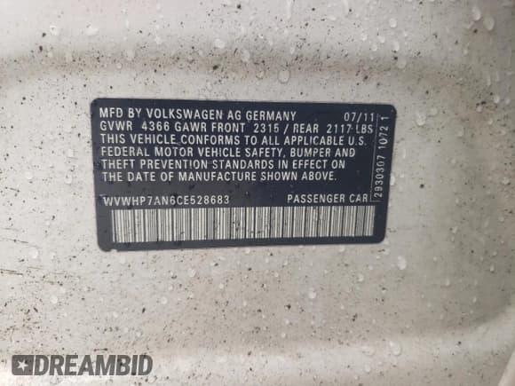 ✅ 2012 Volkswagen CC Lux • VIN: WVWHP7AN6CE528683 • Lot: 66880725. Listed on Copart with 148,758 mi. Free auction sales archive from the USA and detailed vehicle history report at DreamBid. Image 12.