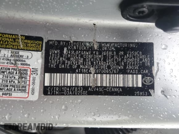 ✅ 2007 Toyota Camry CE • VIN: 4T1BE46K87U065767 • Lot: 92858025. Listed on Copart with 189,780 mi. Free auction sales archive from the USA and detailed vehicle history report at DreamBid. Image 12.