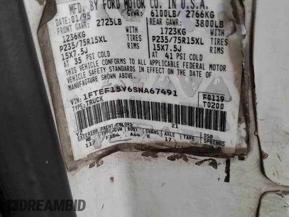 ✅ 1995 Ford F-150 • VIN: 1FTEF15Y6SNA67491 • Lot: 71107295. Listed on Copart with 190,753 mi. Free auction sales archive from the USA and detailed vehicle history report at DreamBid. Image 12.