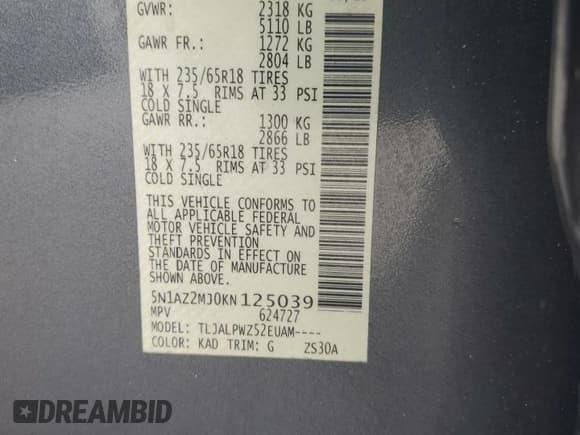 ✅ 2019 Nissan Murano S • VIN: 5N1AZ2MJ0KN125039 • Lot: 85644175. Listed on Copart with 63,582 mi. Free auction sales archive from the USA and detailed vehicle history report at DreamBid. Image 13.