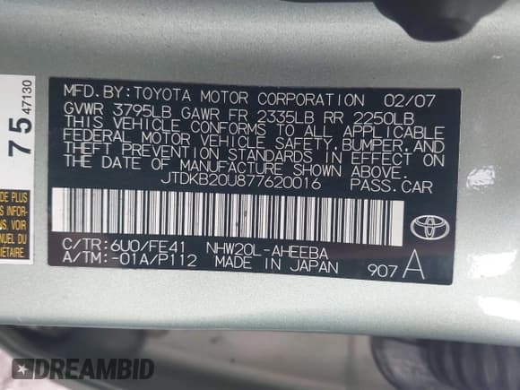 ✅ 2007 Toyota Prius Touring • VIN: JTDKB20U877620016 • Lot: 43665993. Listed on IAAI with 175,305 mi. Free auction sales archive from the USA and detailed vehicle history report at DreamBid. Image 9.