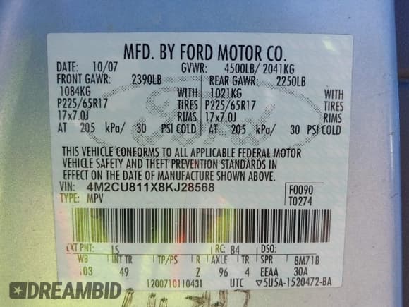 ✅ 2008 Mercury Mariner • VIN: 4M2CU811X8KJ28568 • Lot: 42231505. Wystawiony na IAAI z przebiegiem 225 863 mil. Bezpłatny archiwum sprzedaży aukcyjnych z USA i szczegółowy raport historii pojazdu na DreamBid. Zdjęcie 9.