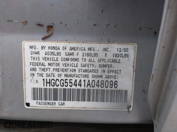 ✅ 2001 Honda Accord LX • VIN: 1HGCG55441A048096 • Lot: 41683891. Wystawiony na IAAI z przebiegiem Nie podano. Bezpłatny archiwum sprzedaży aukcyjnych z USA i szczegółowy raport historii pojazdu na DreamBid. Zdjęcie 9.