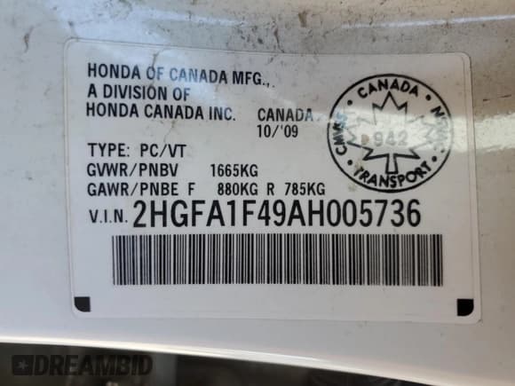 ✅ 2010 Honda Civic DX-G • VIN: 2HGFA1F49AH005736 • Лот: 68766375. Опубликован ранее на Copart с пробегом 252 416 миль. Бесплатный доступ к архиву аукционных продаж из США и подробный отчёт об истории автомобиля на DreamBid. Изображение 12.