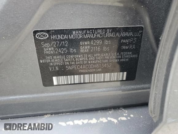 ✅ 2013 Hyundai Sonata SE • VIN: 5NPEC4AC0DH613452 • Lot: 74908774. Listed on Copart with Not provided. Free auction sales archive from the USA and detailed vehicle history report at DreamBid. Image 12.