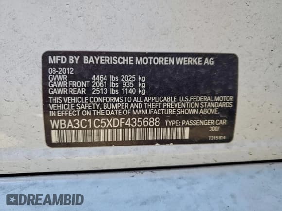 ✅ 2013 BMW 3 Series 328i • VIN: WBA3C1C5XDF435688 • Lot: 94723865. Listed on Copart with 151,637 mi. Free auction sales archive from the USA and detailed vehicle history report at DreamBid. Image 12.