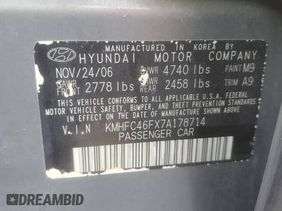 2007 Hyundai Azera SE with VIN KMHFC46FX7A178714, listed as a Copart auction lot 49264985 with 89,266 mi miles and Salvage title. Bid and sale history available at DreamBid. Image 12.