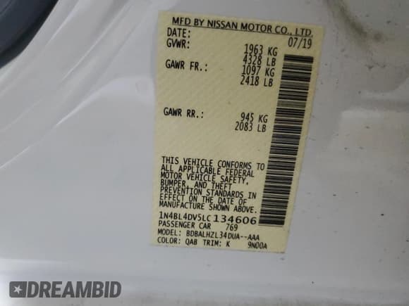 ✅ 2020 Nissan Altima SV • VIN: 1N4BL4DV5LC134606 • Lot: 71399555. Listed on Copart with 27,867 mi. Free auction sales archive from the USA and detailed vehicle history report at DreamBid. Image 12.