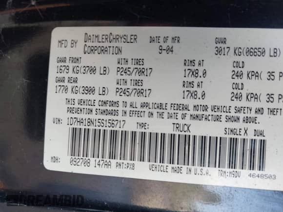 2005 Dodge 1500 SLT with VIN 1D7HA18N15S156717, listed as a IAAI auction lot 43378587 with 232,918 mi miles and . Bid and sale history available at DreamBid. Image 9.
