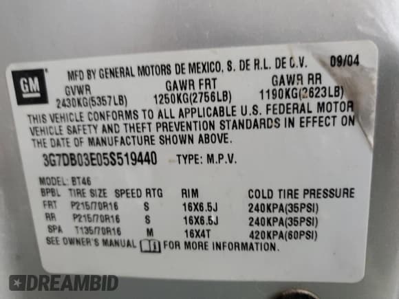 ✅ 2005 Pontiac Aztek • VIN: 3G7DB03E05S519440 • Lot: 82629564. Listed on Copart with 132,234 mi. Free auction sales archive from the USA and detailed vehicle history report at DreamBid. Image 13.