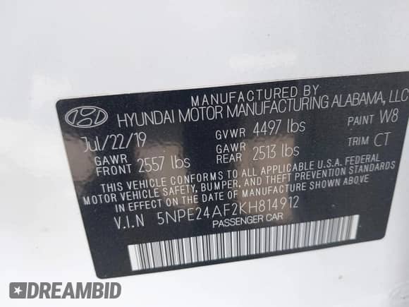 2019 Hyundai Sonata SE with VIN 5NPE24AF2KH814912, listed as a IAAI auction lot 43189754 with 66,938 mi miles and . Bid and sale history available at DreamBid. Image 9.