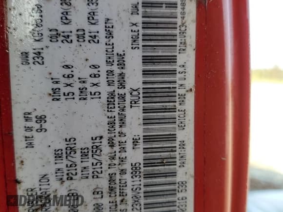 ✅ 1997 Dodge Dakota • VIN: 1B7GL23X0VS113985 • Lot: 76009264. Wystawiony na Copart z przebiegiem 99 015 mil. Bezpłatny archiwum sprzedaży aukcyjnych z USA i szczegółowy raport historii pojazdu na DreamBid. Zdjęcie 12.