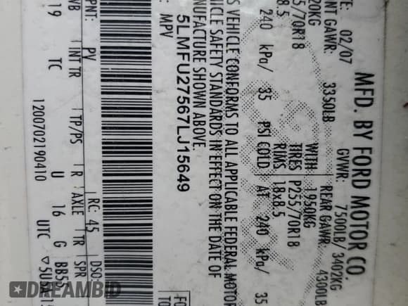 ✅ 2007 Lincoln Navigator • VIN: 5LMFU27567LJ15649 • Lot: 50902735. Wystawiony na Copart z przebiegiem 177 620 mil. Bezpłatny archiwum sprzedaży aukcyjnych z USA i szczegółowy raport historii pojazdu na DreamBid. Zdjęcie 15.