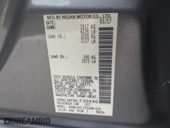 ✅ 2017 Nissan Altima SV • VIN: 1N4AL3AP3HC230446 • Lot: 42234329. Listed on IAAI with 91,873 mi. Free auction sales archive from the USA and detailed vehicle history report at DreamBid. Image 9.