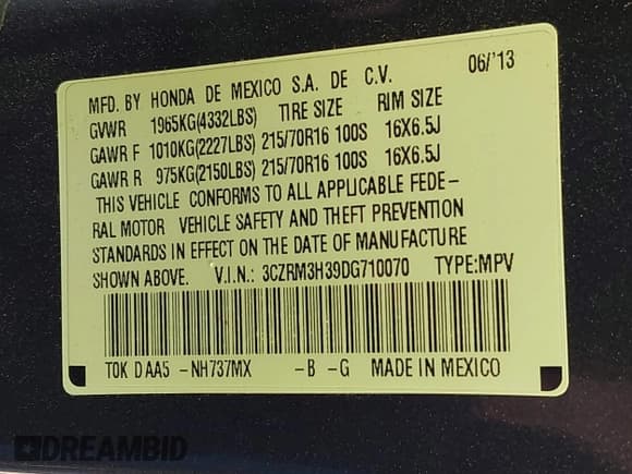 ✅ 2013 Honda CR-V LX • VIN: 3CZRM3H39DG710070 • Lot: 43602535. Listed on IAAI with 105,591 mi. Free auction sales archive from the USA and detailed vehicle history report at DreamBid. Image 9.