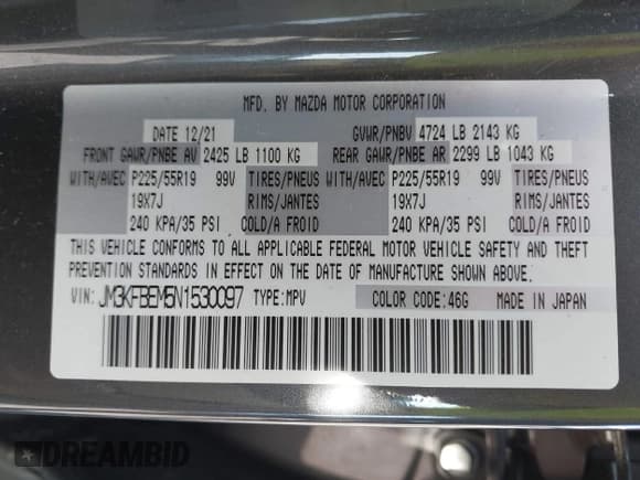 ✅ 2022 Mazda CX-5 S Premium Plus • VIN: JM3KFBEM5N1530097 • Lot: 42953757. Listed on IAAI with Not provided. Free auction sales archive from the USA and detailed vehicle history report at DreamBid. Image 9.