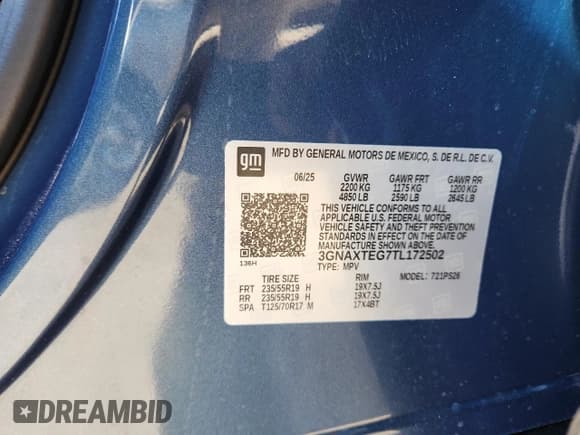 ✅ 2026 Chevrolet Equinox AWD RS • VIN: 3GNAXTEG7TL172502 • Lot: 89444295. Listed on Copart with 3,924 mi. Free auction sales archive from the USA and detailed vehicle history report at DreamBid. Image 13.