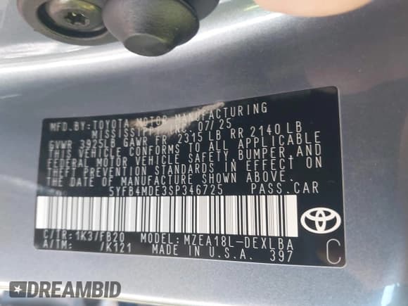 ✅ 2025 Toyota Corolla LE • VIN: 5YFB4MDE3SP346725 • Лот: 43499035. Опубликован ранее на IAAI с пробегом 611 миль. Бесплатный доступ к архиву аукционных продаж из США и подробный отчёт об истории автомобиля на DreamBid. Изображение 9.