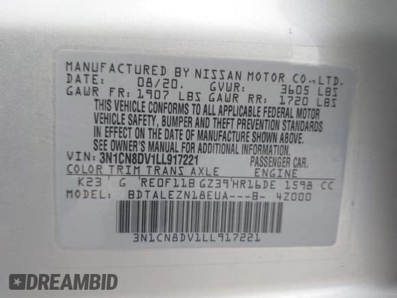 ✅ 2020 Nissan Versa S • VIN: 3N1CN8DV1LL917221 • Lot: 42373841. Listed on IAAI with 88,380 mi. Free auction sales archive from the USA and detailed vehicle history report at DreamBid. Image 9.