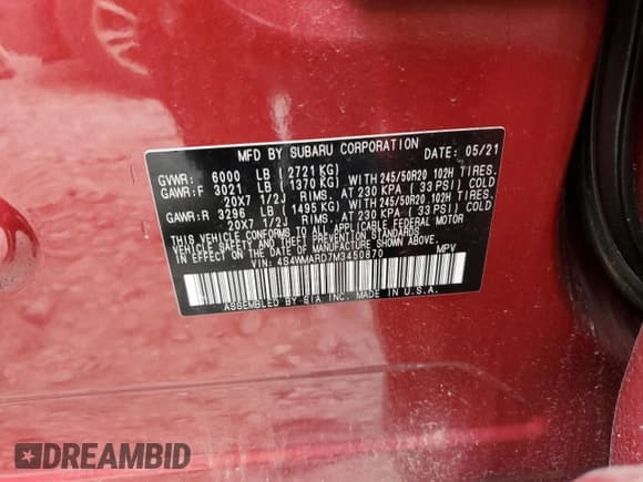 ✅ 2021 Subaru Ascent Touring • VIN: 4S4WMARD7M3450870 • Lot: 57023935. Listed on Copart with 28,836 mi. Free auction sales archive from the USA and detailed vehicle history report at DreamBid. Image 13.