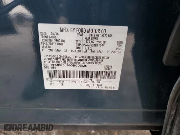 ✅ 2016 Ford Edge SEL • VIN: 2FMPK3J90GBC09525 • Lot: 84039925. Listed on Copart with 115,440 mi. Free auction sales archive from the USA and detailed vehicle history report at DreamBid. Image 13.