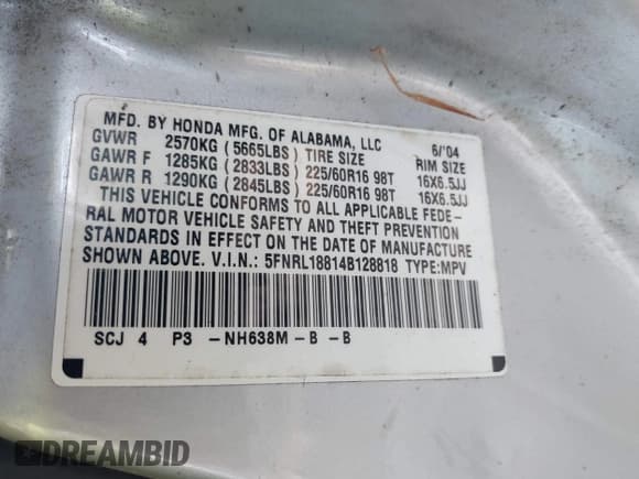 ✅ 2004 Honda Odyssey EX-RES • VIN: 5FNRL18814B128818 • Lot: 42844253. Listed on IAAI with 240,354 mi. Free auction sales archive from the USA and detailed vehicle history report at DreamBid. Image 9.