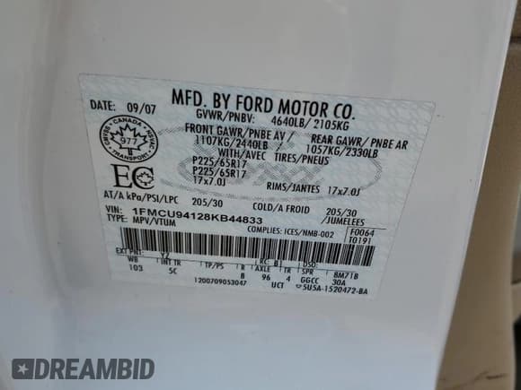 ✅ 2008 Ford Escape Limited • VIN: 1FMCU94128KB44833 • Lot: 59509875. Listed on Copart with 300,951 mi. Free auction sales archive from the USA and detailed vehicle history report at DreamBid. Image 12.