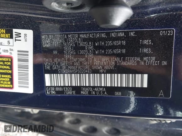 ✅ 2023 Toyota Highlander LE • VIN: 5TDKDRAH5PS020483 • Lot: 43413222. Listed on IAAI with 68,319 mi. Free auction sales archive from the USA and detailed vehicle history report at DreamBid. Image 9.