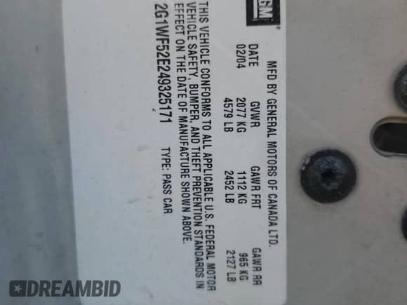 2004 Chevrolet Impala с VIN 2G1WF52E249325171, выставлен на аукционе Copart как лот 68534274 с пробегом 159 420 миль миль и Списание • Salvage title. История ставок и продаж доступна на DreamBid. Изображение 12.