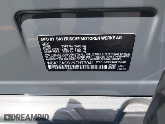 ✅ 2022 BMW 5 Series 530e • VIN: WBA13AG01NCH73041 • Lot: 43022960. Listed on IAAI with 58,219 mi. Free auction sales archive from the USA and detailed vehicle history report at DreamBid. Image 9.