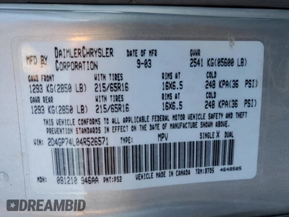 ✅ 2004 Dodge Caravan EX • VIN: 2D4GP74L04R526571 • Lot: 85951654. Listed on Copart with 319,750 mi. Free auction sales archive from the USA and detailed vehicle history report at DreamBid. Image 13.