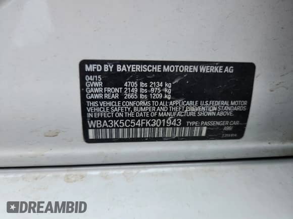 2015 BMW 3 Series 328d xDrive with VIN WBA3K5C54FK301943, listed as a Copart auction lot 61622275 with 57,648 mi miles and Non repairable. Bid and sale history available at DreamBid. Image 13.