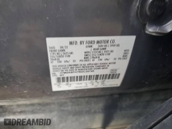 2022 Ford Explorer Limited с VIN 1FMSK8FH7NGC20745, выставлен на аукционе Copart как лот 83767305 с пробегом 61 732 миль миль и На запчасти • Non repairable. История ставок и продаж доступна на DreamBid. Изображение 13.