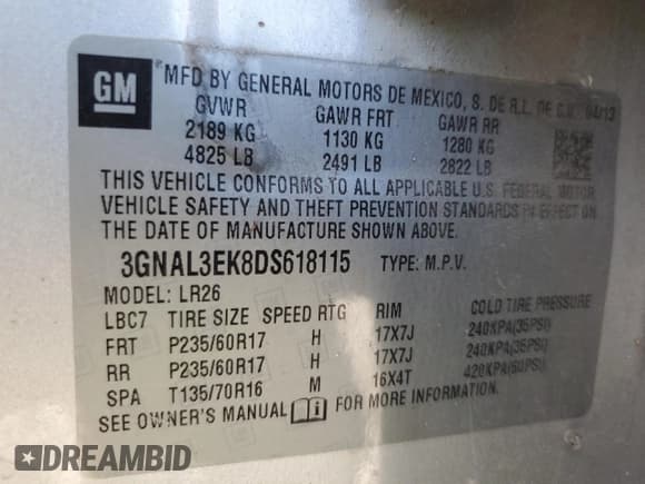 ✅ 2013 Chevrolet Captiva Sport LT • VIN: 3GNAL3EK8DS618115 • Lot: 76502474. Wystawiony na Copart z przebiegiem 155 201 mil. Bezpłatny archiwum sprzedaży aukcyjnych z USA i szczegółowy raport historii pojazdu na DreamBid. Zdjęcie 13.
