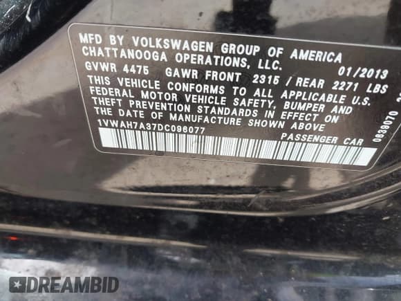 ✅ 2013 Volkswagen Passat Wolfsburg Edition • VIN: 1VWAH7A37DC096077 • Лот: 42638800. Опубликован ранее на IAAI с пробегом 104 439 миль. Бесплатный доступ к архиву аукционных продаж из США и подробный отчёт об истории автомобиля на DreamBid. Изображение 9.