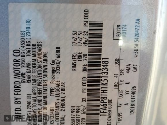 ✅ 2019 Ford Mustang EcoBoost • VIN: 1FA6P8TH1K5133481 • Lot: 84575965. Listed on Copart with 92,458 mi. Free auction sales archive from the USA and detailed vehicle history report at DreamBid. Image 12.