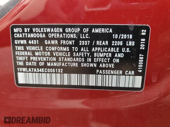 ✅ 2019 Volkswagen Passat Wolfsburg Edition • VIN: 1VWLA7A34KC005132 • Лот: 54603135. Опубликован ранее на Copart с пробегом 90 318 миль. Бесплатный доступ к архиву аукционных продаж из США и подробный отчёт об истории автомобиля на DreamBid. Изображение 12.