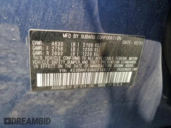 ✅ 2021 Subaru Legacy Premium • VIN: 4S3BWAF64M3014822 • Lot: 59711825. Wystawiony na Copart z przebiegiem 79 595 mil. Bezpłatny archiwum sprzedaży aukcyjnych z USA i szczegółowy raport historii pojazdu na DreamBid. Zdjęcie 12.