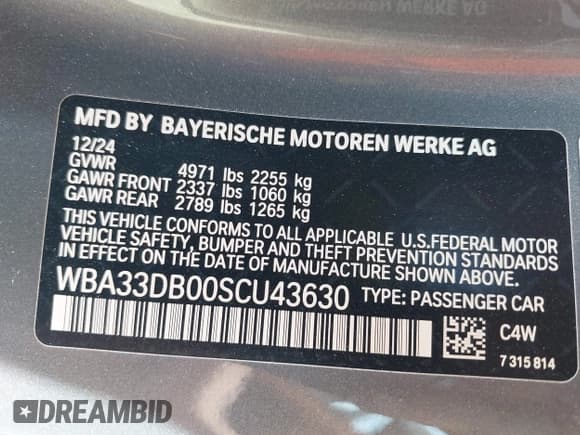 ✅ 2025 BMW 4 Series 430i • VIN: WBA33DB00SCU43630 • Lot: 42172591. Listed on IAAI with Not provided. Free auction sales archive from the USA and detailed vehicle history report at DreamBid. Image 9.