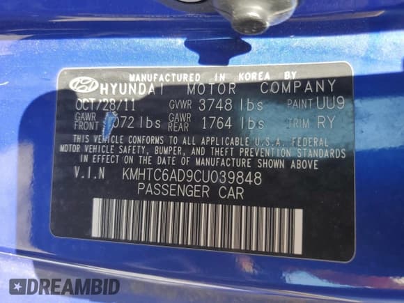 ✅ 2012 Hyundai Veloster w/Red Int • VIN: KMHTC6AD9CU039848 • Lot: 74922324. Listed on Copart with 125,887 mi. Free auction sales archive from the USA and detailed vehicle history report at DreamBid. Image 13.