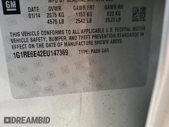 ✅ 2014 Chevrolet Volt • VIN: 1G1RE6E42EU147369 • Lot: 59795494. Wystawiony na Copart z przebiegiem Nie podano. Bezpłatny archiwum sprzedaży aukcyjnych z USA i szczegółowy raport historii pojazdu na DreamBid. Zdjęcie 12.