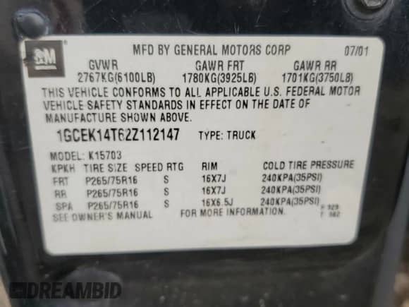 2002 Chevrolet Silverado 1500 LS with VIN 1GCEK14T62Z112147, listed as a Copart auction lot 54612085 with Not provided miles and Salvage title. Bid and sale history available at DreamBid. Image 12.