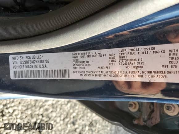 2022 Ram 1500 Big Horn с VIN 1C6SRFBM2NN189706, выставлен на аукционе Copart как лот 46255745 с пробегом 32 580 миль миль и Списание • Salvage title. История ставок и продаж доступна на DreamBid. Изображение 14.