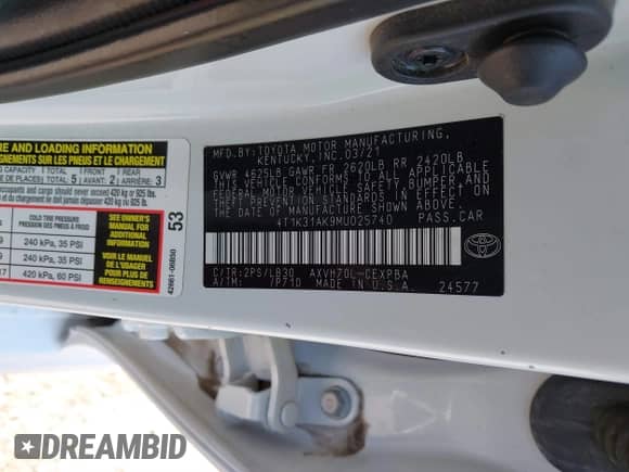 2021 Toyota Camry Hybrid XSE with VIN 4T1K31AK9MU025740, listed as a IAAI auction lot 41858877 with 54,140 mi miles and . Bid and sale history available at DreamBid. Image 9.