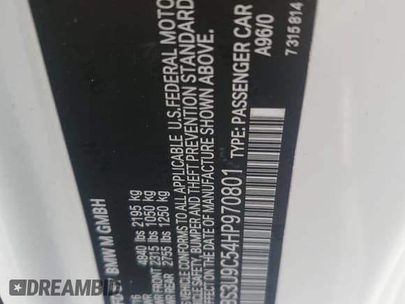 ✅ 2017 BMW M4 • VIN: WBS3U9C54HP970801 • Lot: 85504335. Listed on Copart with 44,625 mi. Free auction sales archive from the USA and detailed vehicle history report at DreamBid. Image 13.