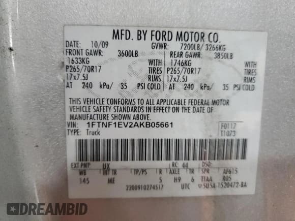 ✅ 2010 Ford F-150 XL • VIN: 1FTNF1EV2AKB05661 • Lot: 83755675. Listed on Copart with 159,234 mi. Free auction sales archive from the USA and detailed vehicle history report at DreamBid. Image 13.