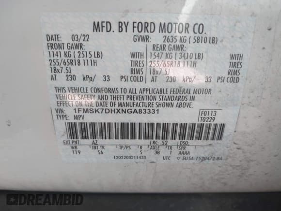 ✅ 2022 Ford Explorer XLT • VIN: 1FMSK7DHXNGA83331 • Lot: 41606848. Wystawiony na IAAI z przebiegiem 54 139 mil. Bezpłatny archiwum sprzedaży aukcyjnych z USA i szczegółowy raport historii pojazdu na DreamBid. Zdjęcie 9.