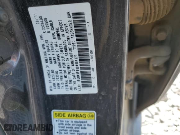 ✅ 2012 Acura TL Technology • VIN: 19UUA9F50CA004121 • Lot: 66728775. Listed on Copart with Not provided. Free auction sales archive from the USA and detailed vehicle history report at DreamBid. Image 12.